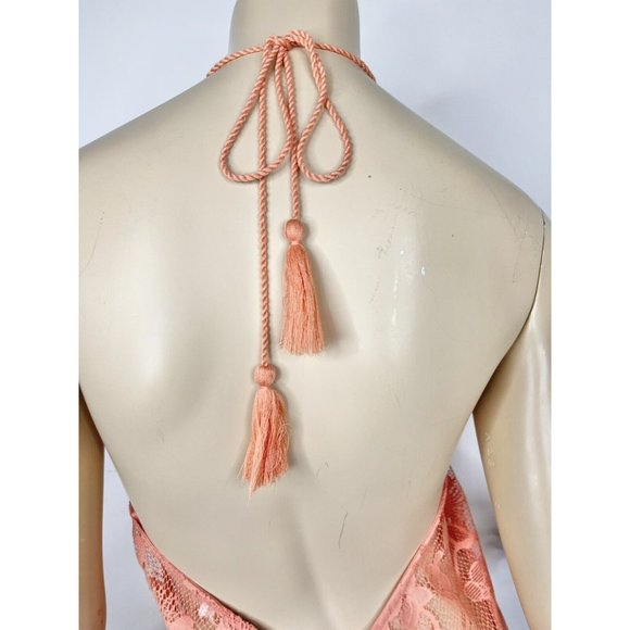 Flying Tomato Boho Swimsuit Cover Up Dress Sheer Lace Halter V Neck Fringe Small - Picture 4 of 11